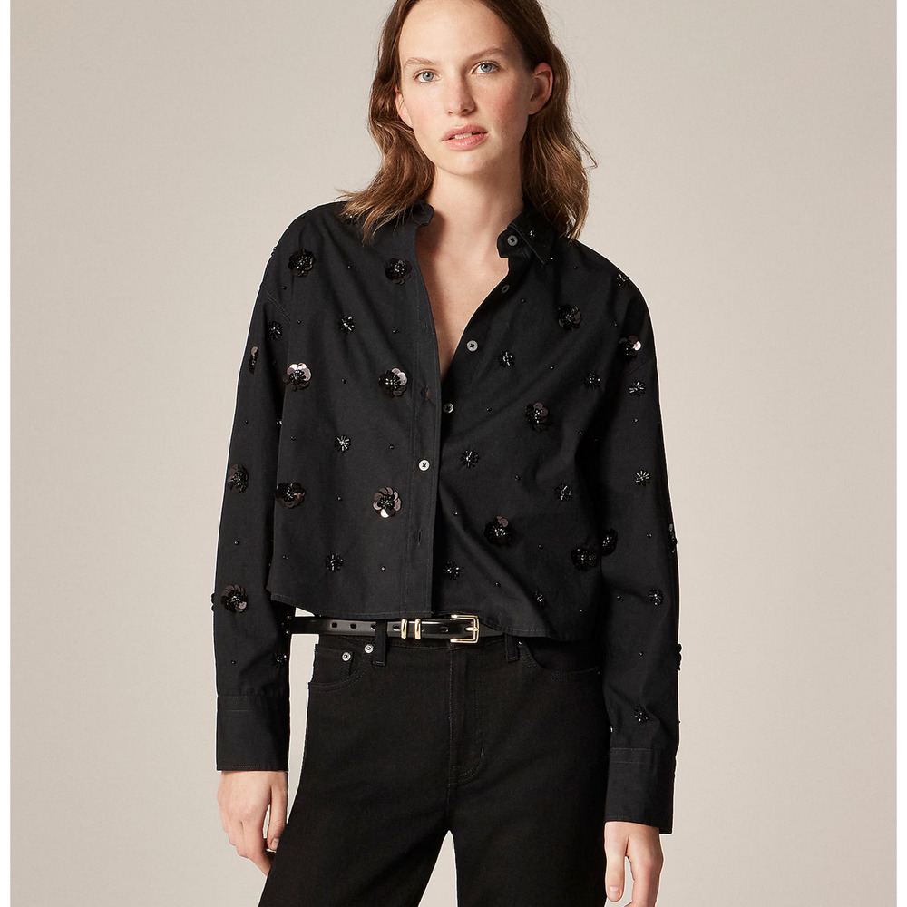 J Crew Etienne Cropped Button Up Shirt In Embellished Cotton Poplin XXL Black